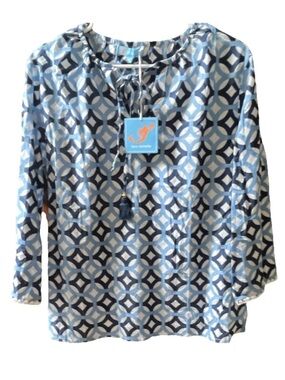 Tara Michele New With Tags Preppy Printed Top – Navy/Light Blue/White Tassel